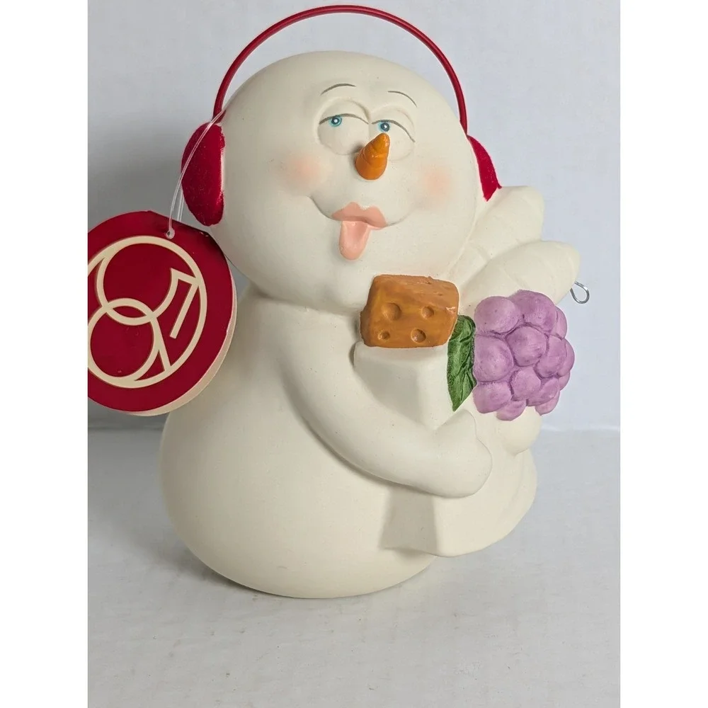 Department 56 Snowman Figurine w/ Earmuffs Cheese & Grapes Christmas Decor